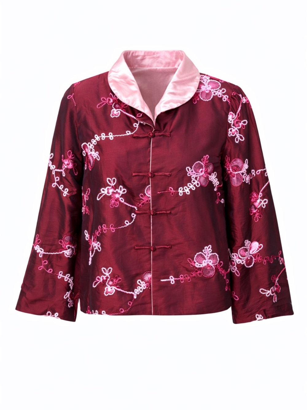 Dai Qi Embroidered satin jacket women's M burgundy Chinese frog closure floral
